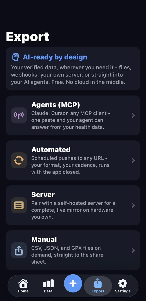Marrow's Export tab: AI-ready by design, with cards for Agents (MCP), Automated, Server and Manual export