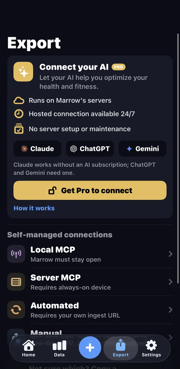 Marrow's Export tab: Connect your AI (Pro) above the self-managed connections: Local MCP, Server MCP, Automated and Manual