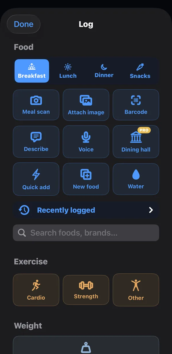 Marrow\'s Log sheet: meal scan, attach image, barcode, describe, voice, dining hall, quick add, new food, water, cardio, strength