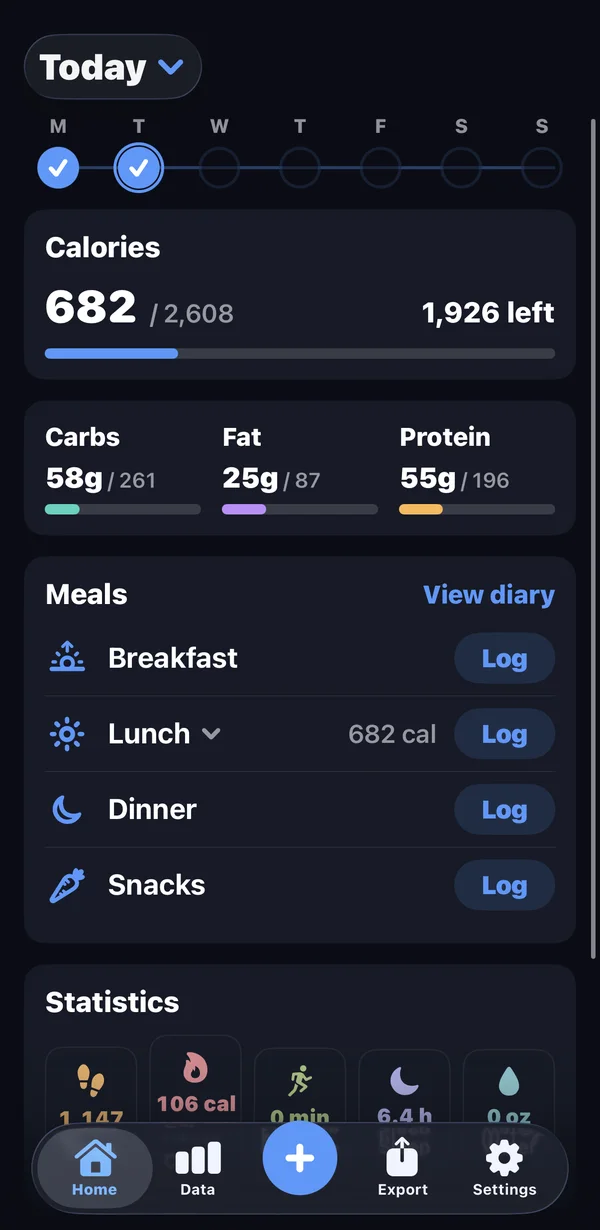 Marrow's Home tab: calorie and macro budgets, meal log, and the day's steps, energy, exercise, sleep and water