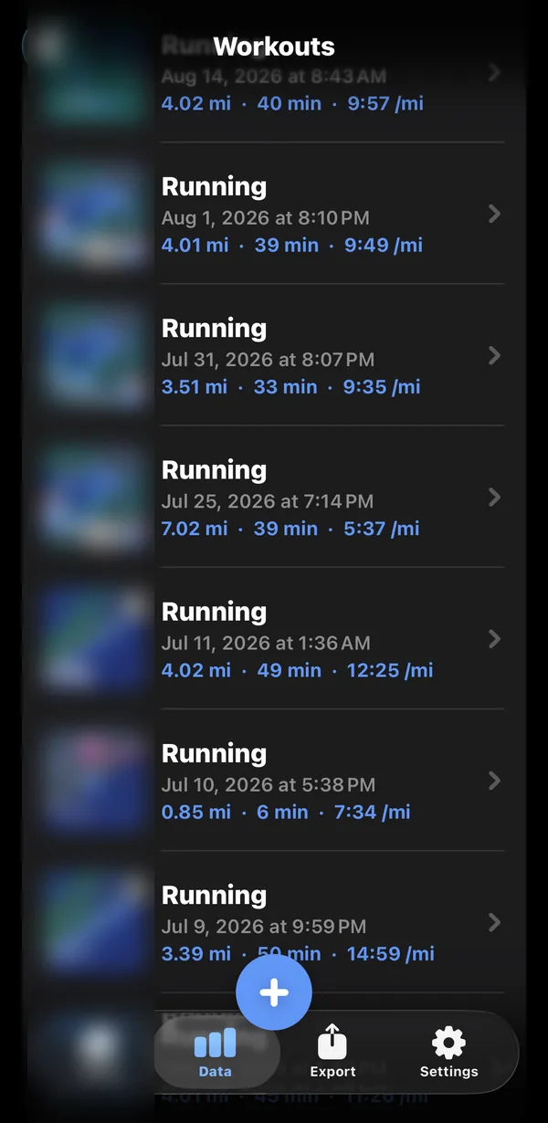 Marrow's workout list showing runs with distance, duration and pace; route thumbnails blurred for privacy