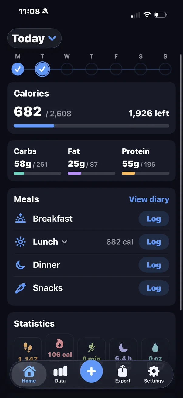 Home: calories, macros, meals, statistics