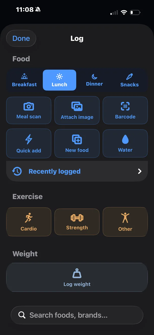 Log sheet: meal scan, barcode, quick add, exercise, weight